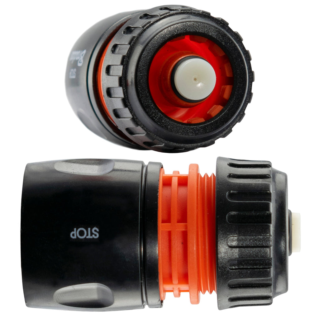 Female Hose Connector With Stop, 1/2in or 5/8in Hose, Black Orange