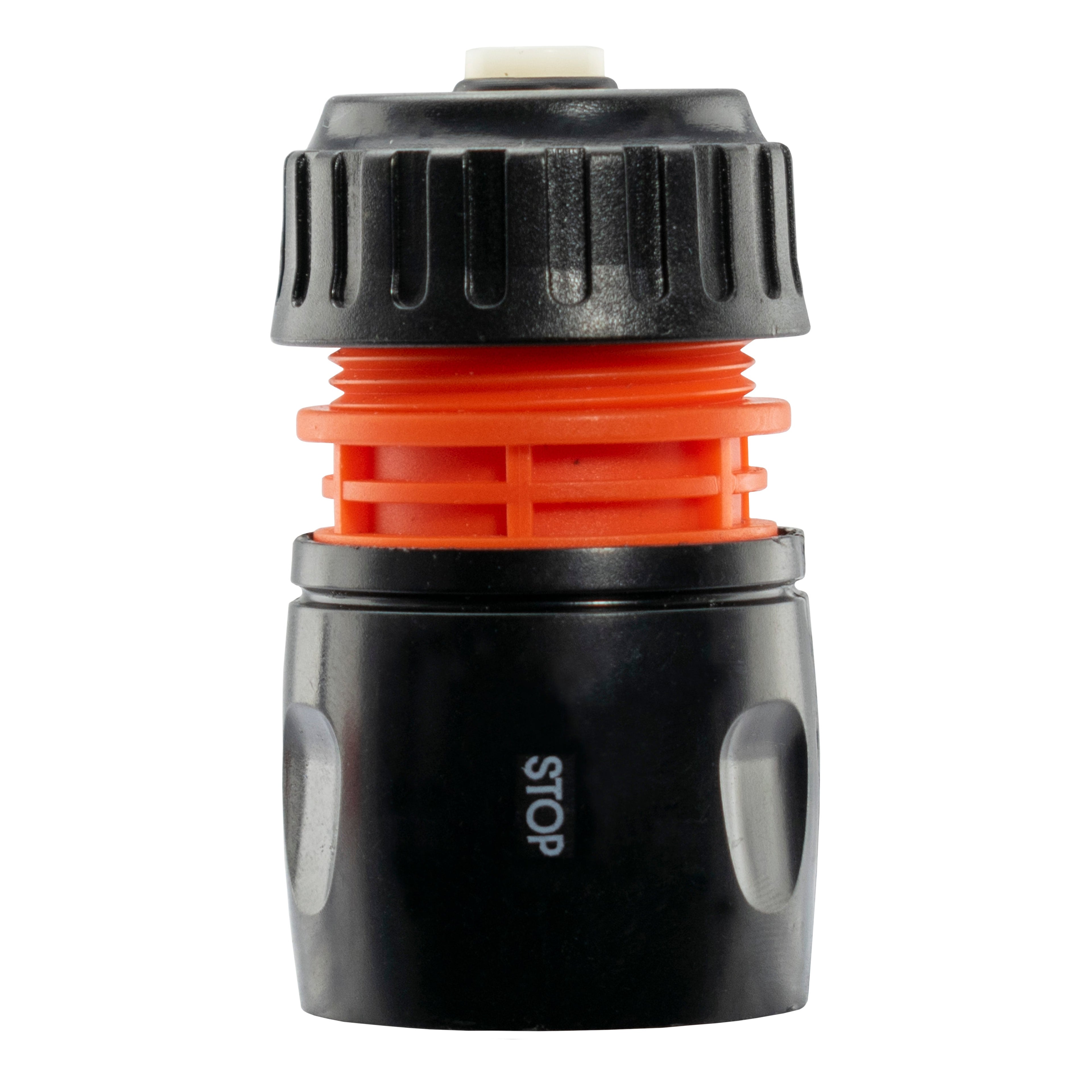 Female Hose Connector With Stop, 1/2in or 5/8in Hose, Black Orange