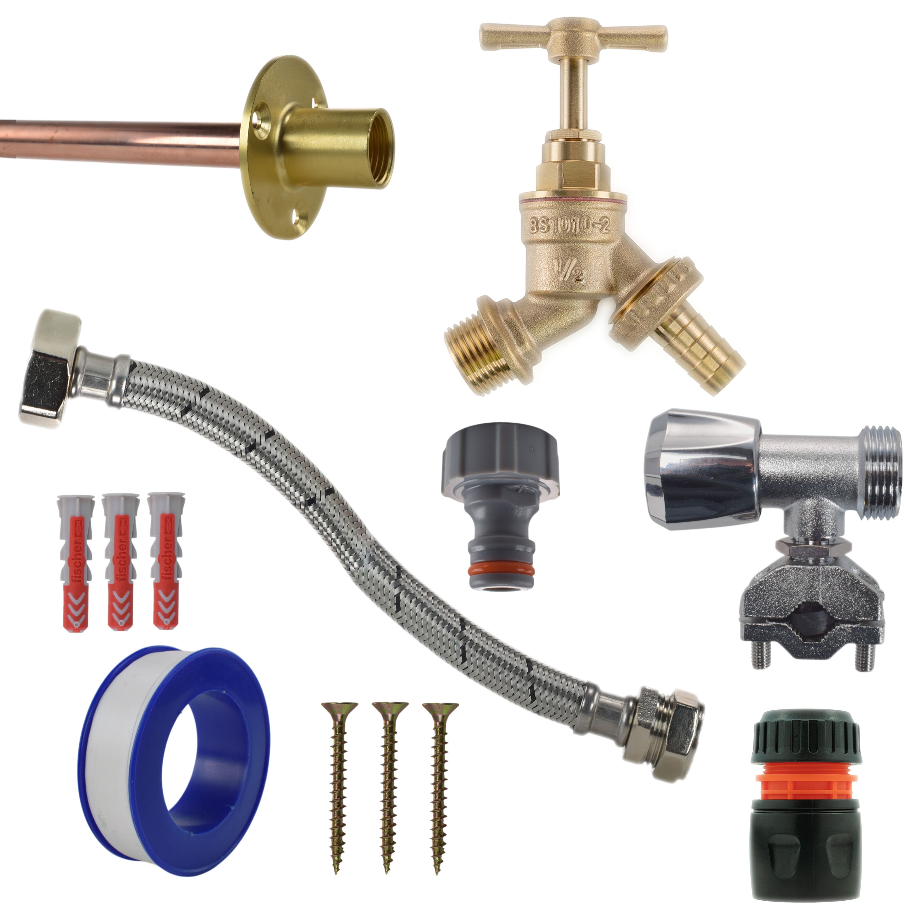 Brass Barbed Bib Tap FULL Connection Kit Outdoor Watering Kit Hose Connector Set