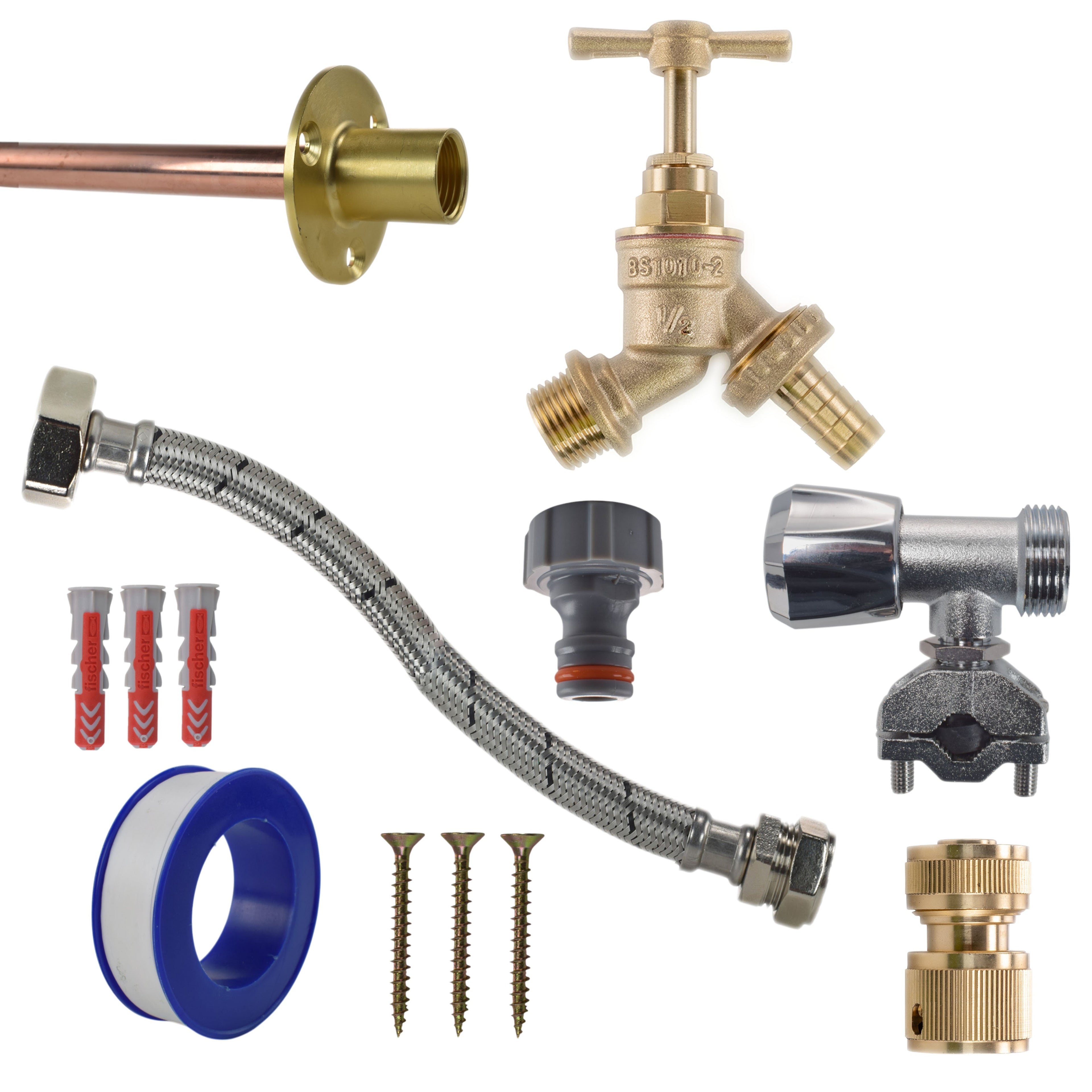 Brass Barbed Bib Tap FULL Connection Kit Outdoor Watering Kit Hose Connector Set