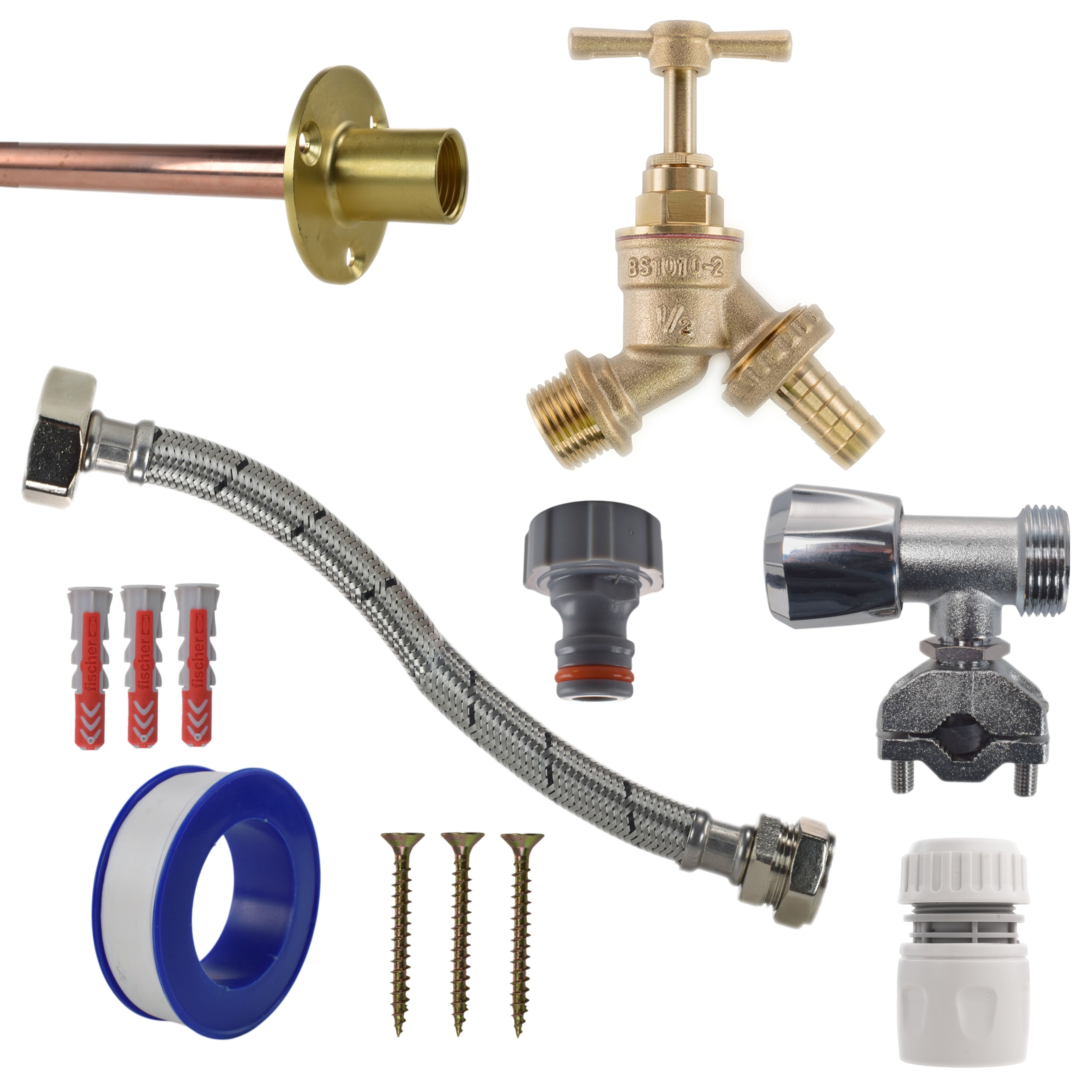 Brass Barbed Bib Tap FULL Connection Kit Outdoor Watering Kit Hose Connector Set
