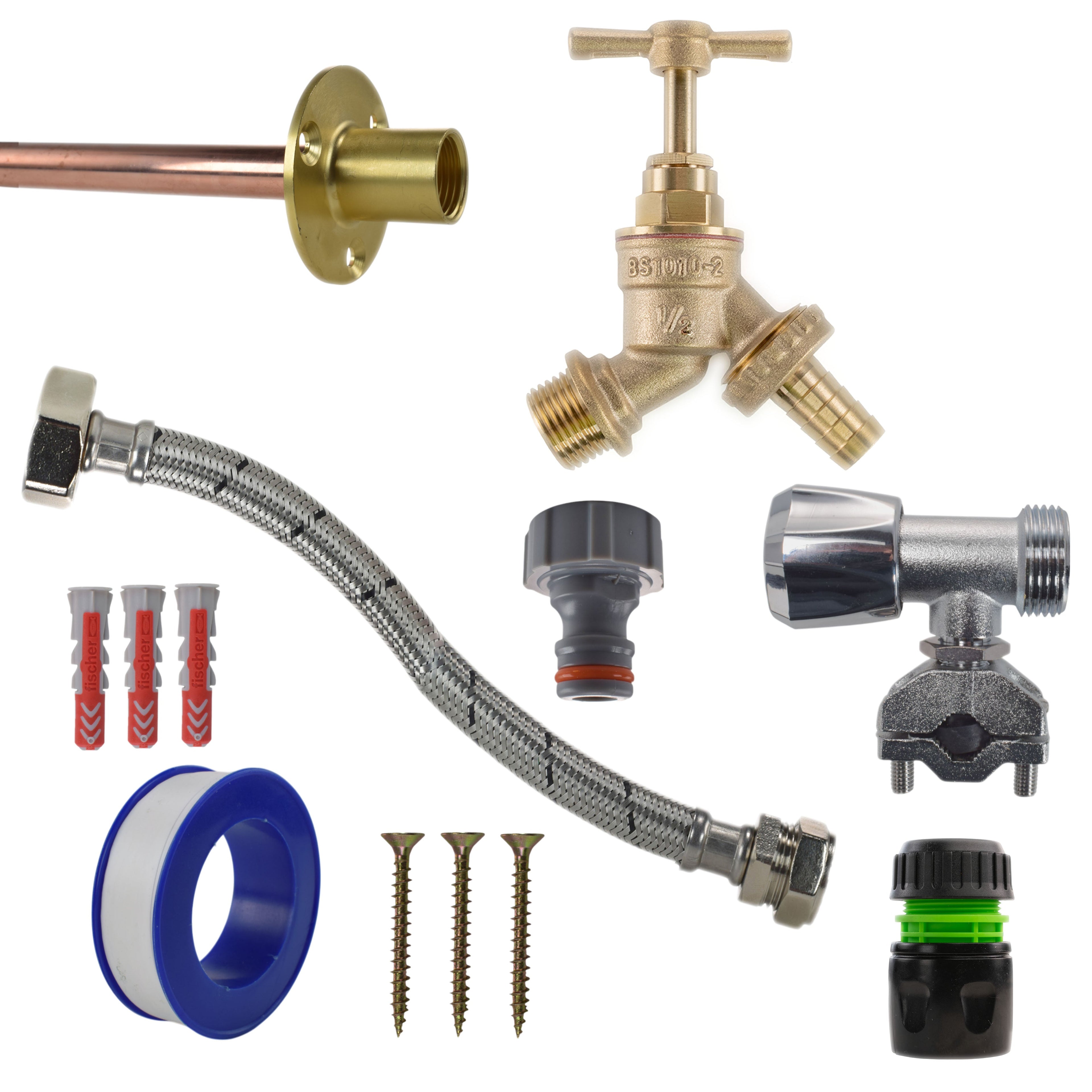 Brass Barbed Bib Tap FULL Connection Kit Outdoor Watering Kit Hose Connector Set