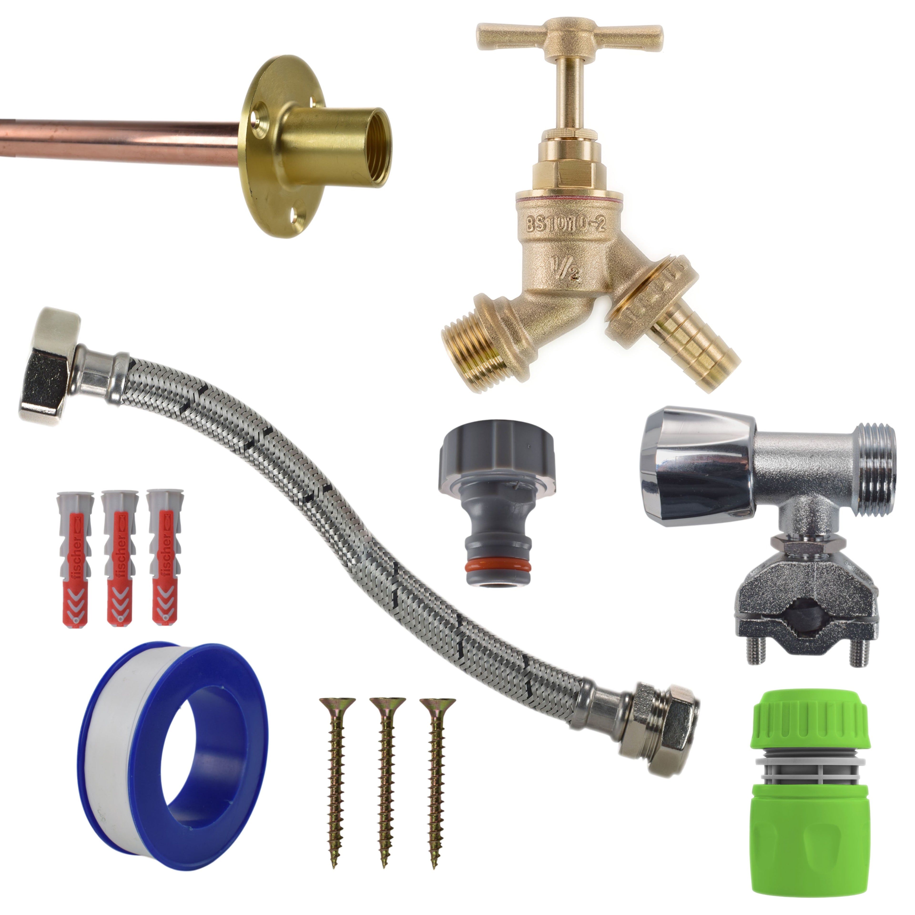 Brass Barbed Bib Tap FULL Connection Kit Outdoor Watering Kit Hose Connector Set