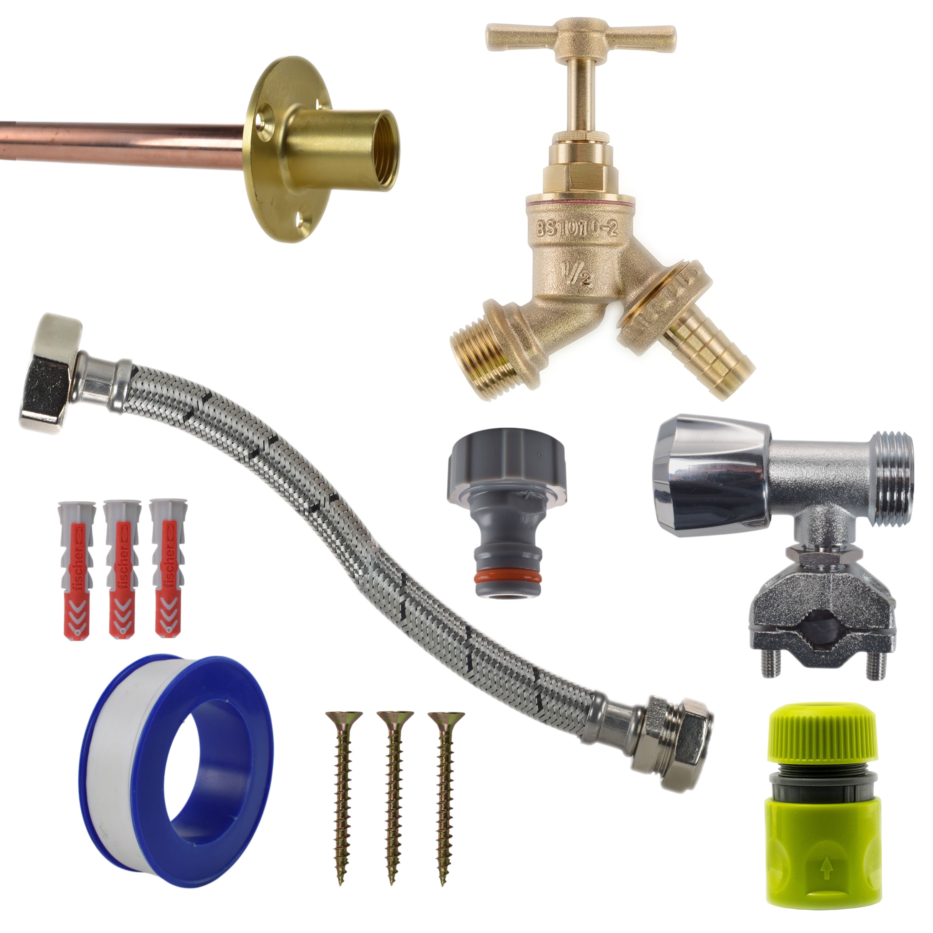 Brass Barbed Bib Tap FULL Connection Kit Outdoor Watering Kit Hose Connector Set