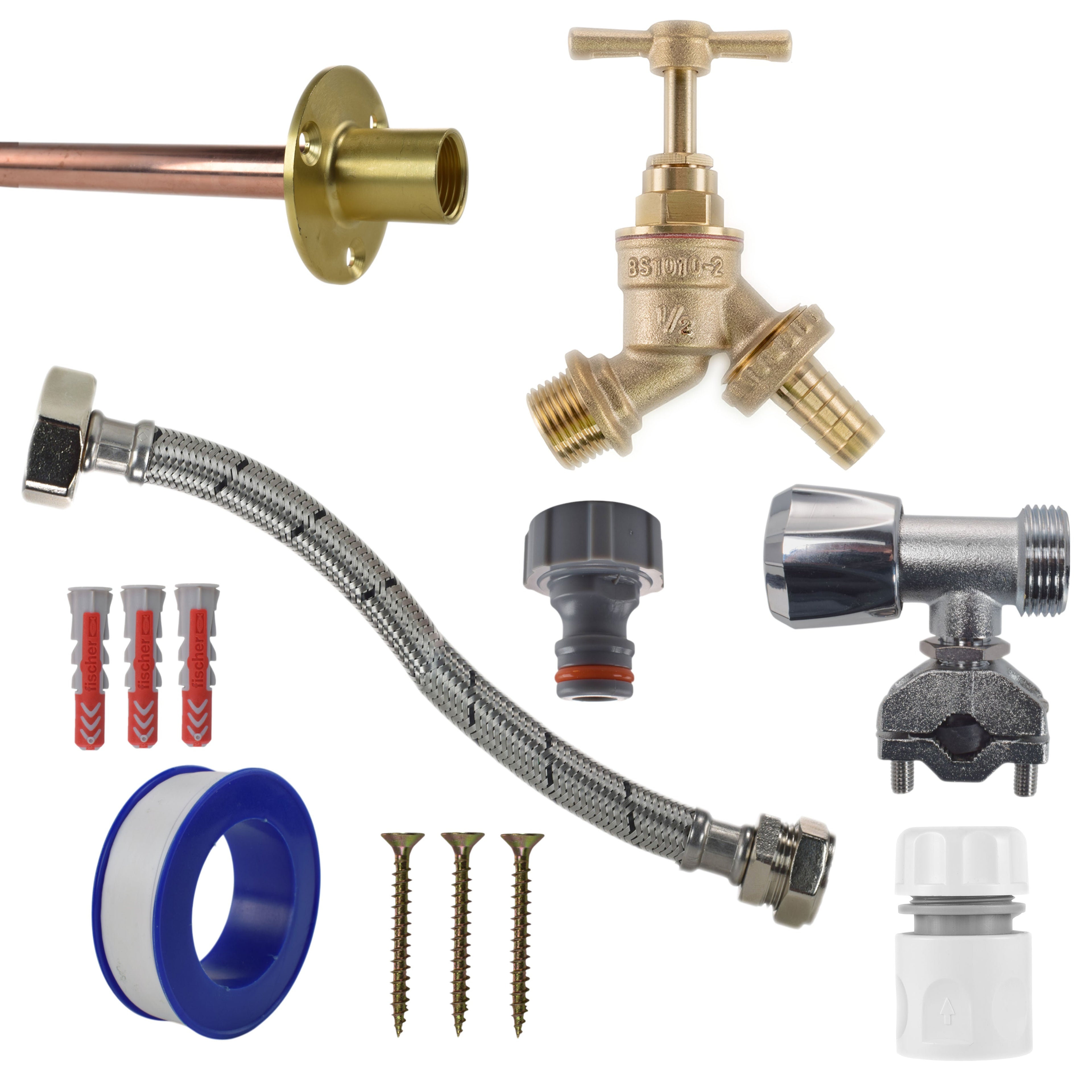 Brass Barbed Bib Tap FULL Connection Kit Outdoor Watering Kit Hose Connector Set