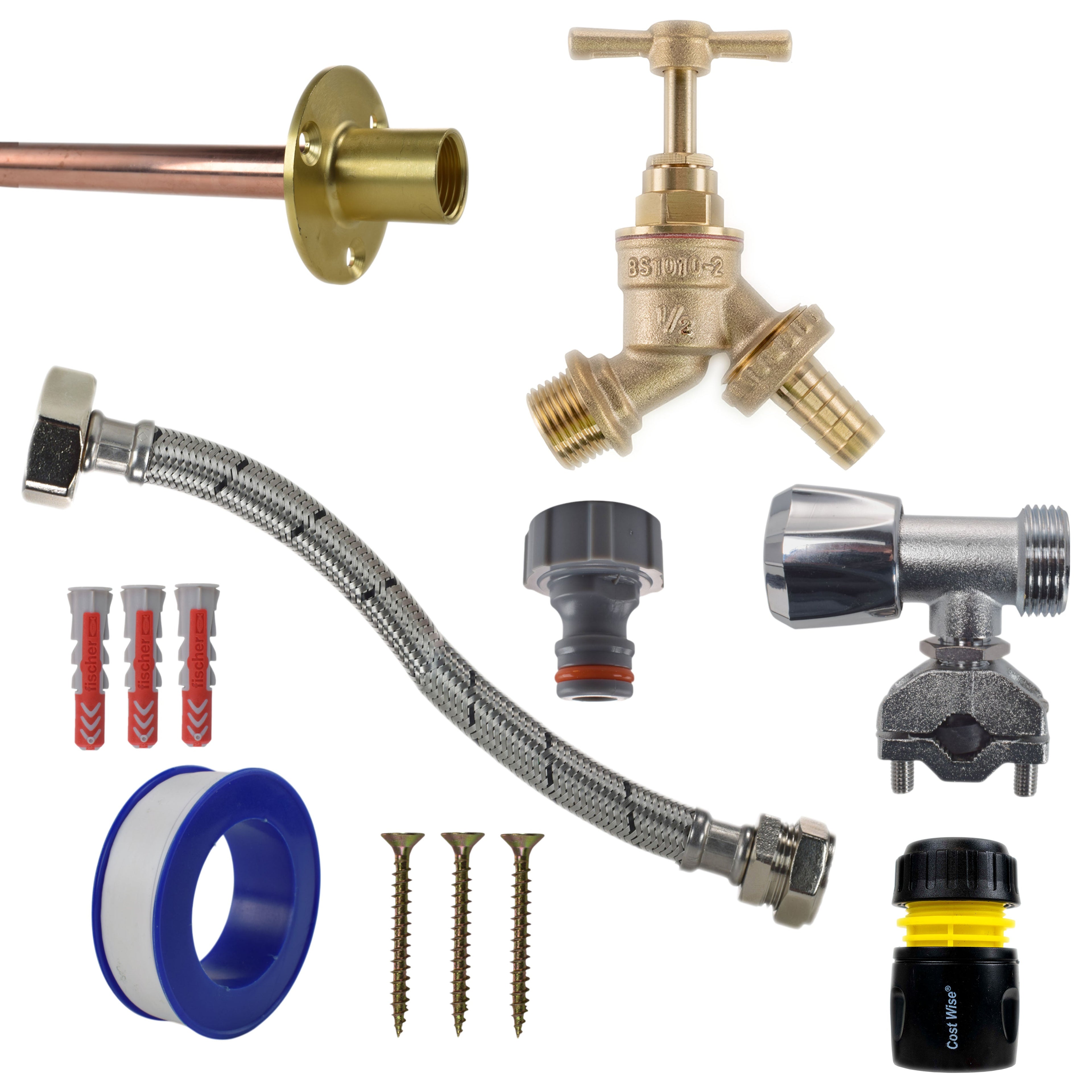 Brass Barbed Bib Tap FULL Connection Kit Outdoor Watering Kit Hose Connector Set