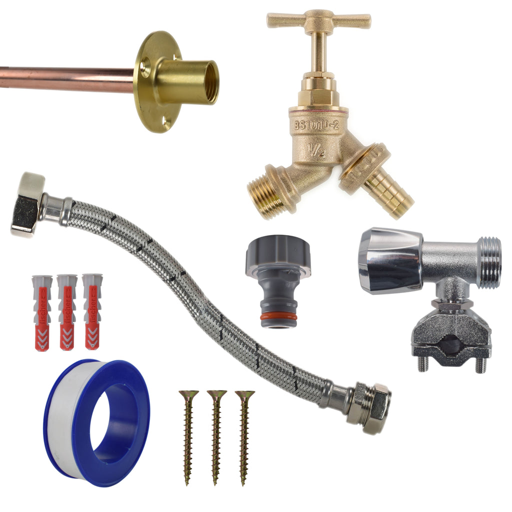 Brass Barbed Bib Tap FULL Connection Kit Outdoor Watering Kit Hose Connector Set