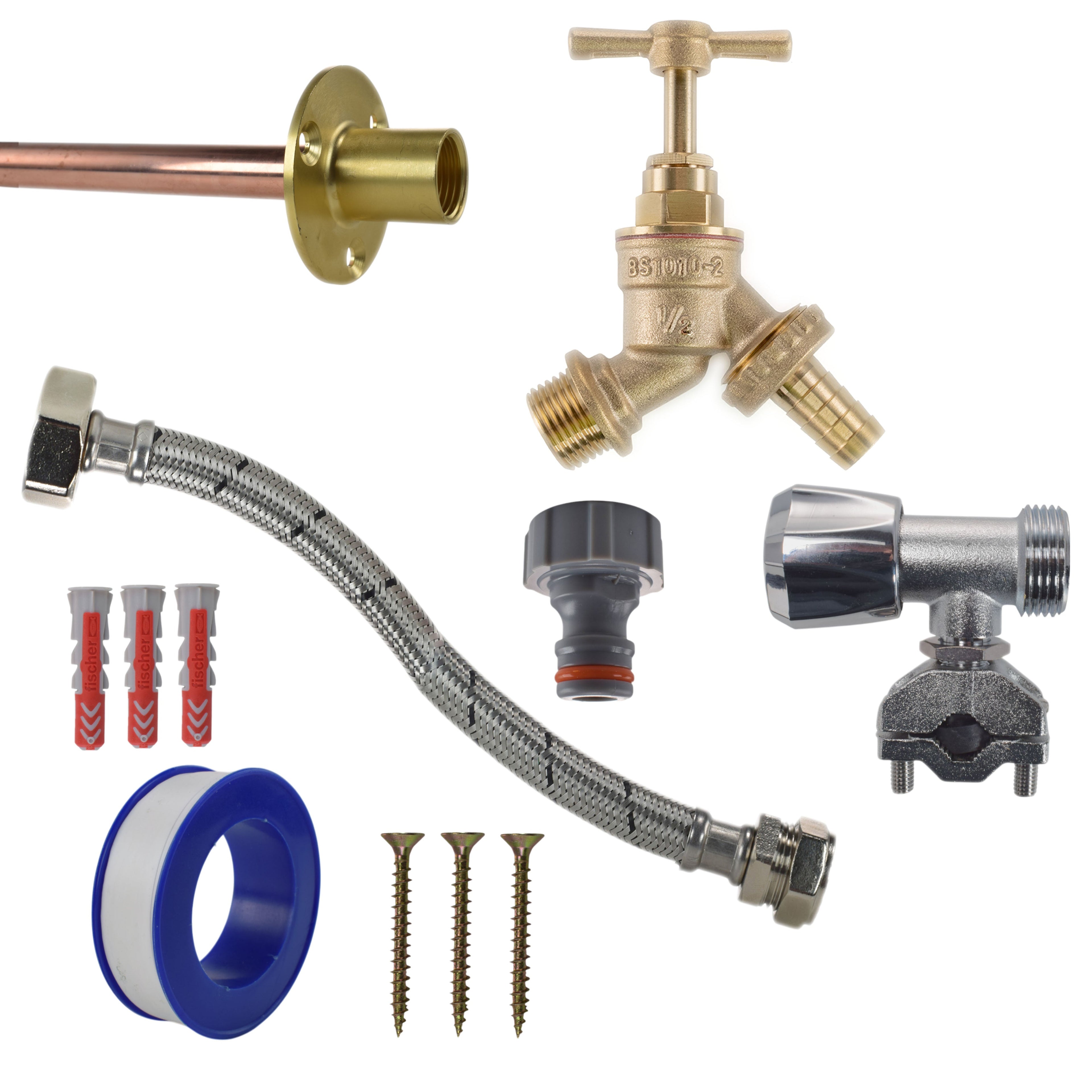 Brass Barbed Bib Tap FULL Connection Kit Outdoor Watering Kit Hose Connector Set