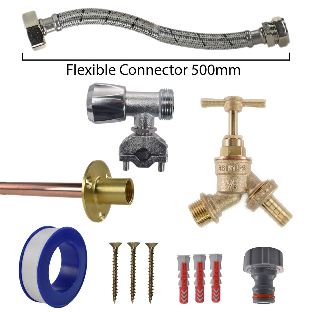 Brass Barbed Bib Tap FULL Connection Kit Outdoor Watering Kit Hose Connector Set