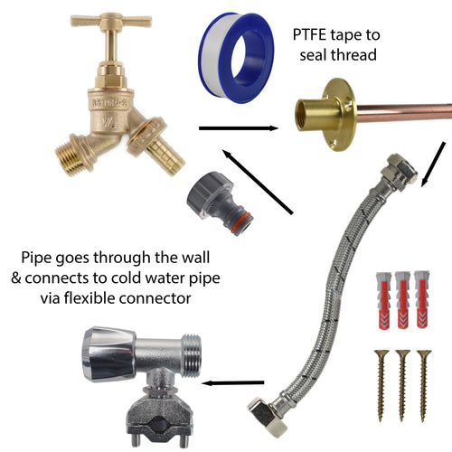 Brass Barbed Bib Tap FULL Connection Kit Outdoor Watering Kit Hose Connector Set